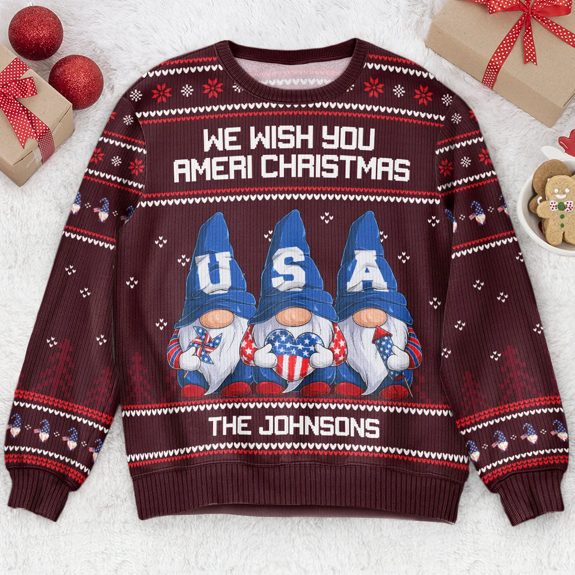 America Gnome We Wish You Ameri Christmas - Personalized Ugly Sweater