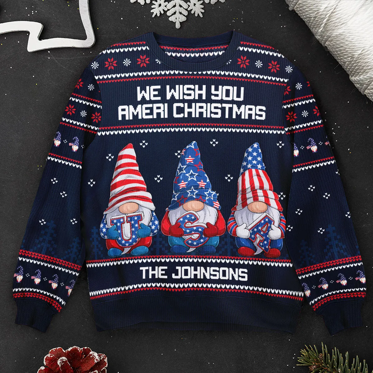 America Gnome We Wish You Ameri Christmas - Personalized Ugly Sweater