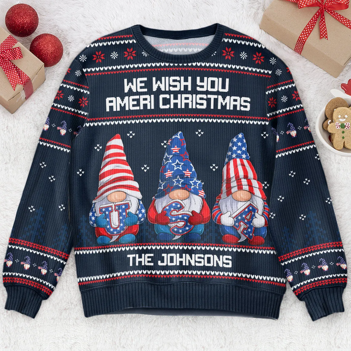 America Gnome We Wish You Ameri Christmas - Personalized Ugly Sweater