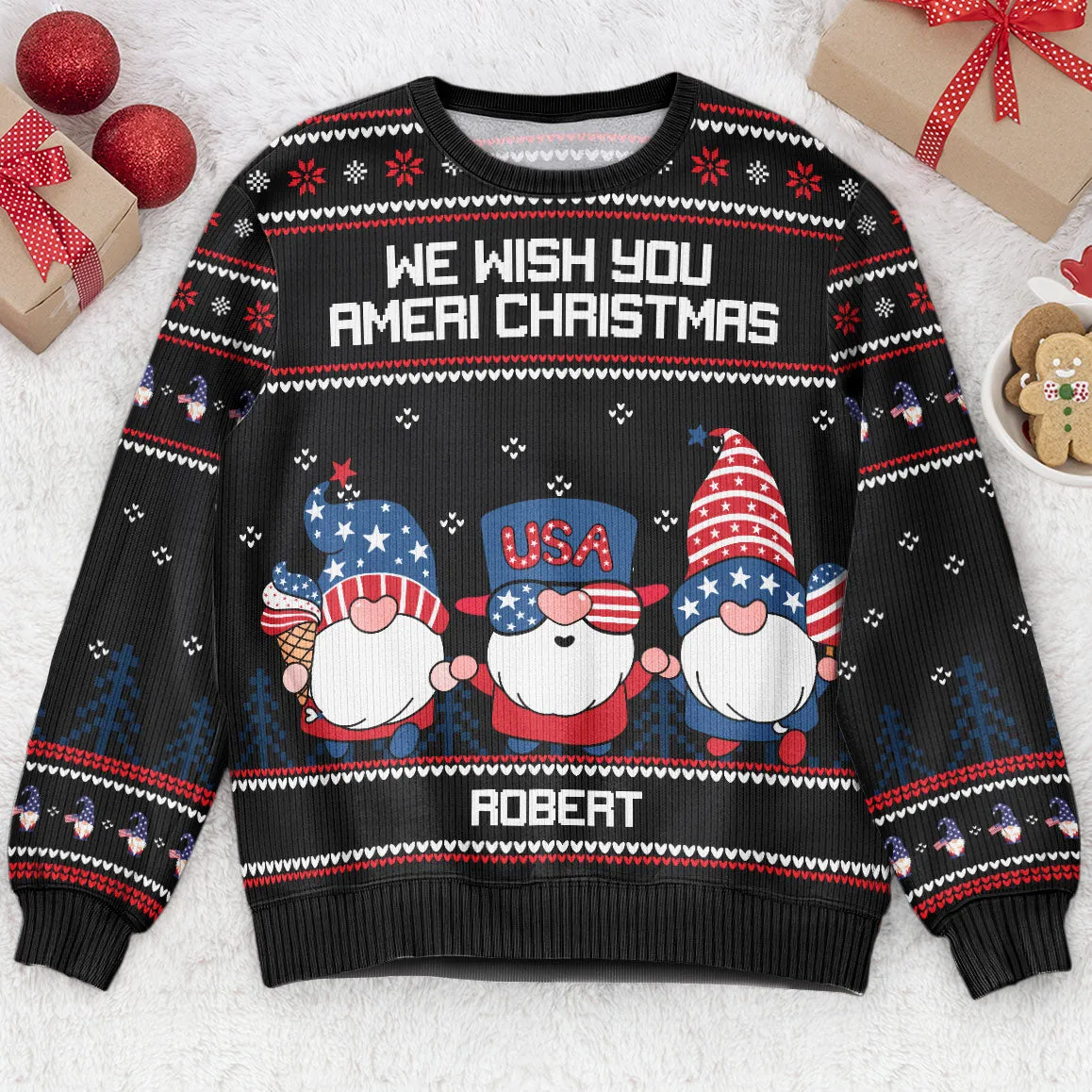 America Gnome We Wish You Ameri Christmas - Personalized Ugly Sweater