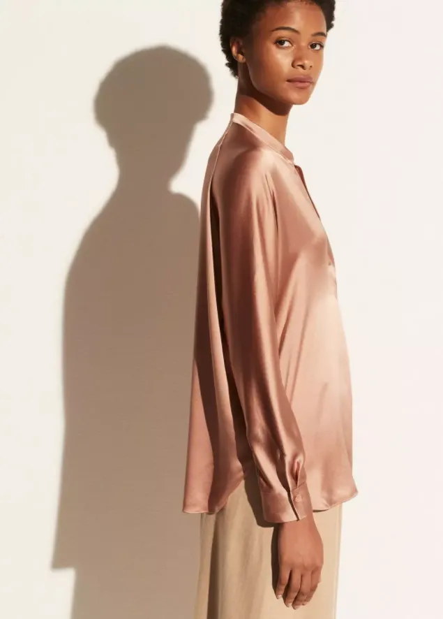 Band Collar Silk Blouse - Blush Cream