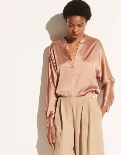 Band Collar Silk Blouse - Blush Cream