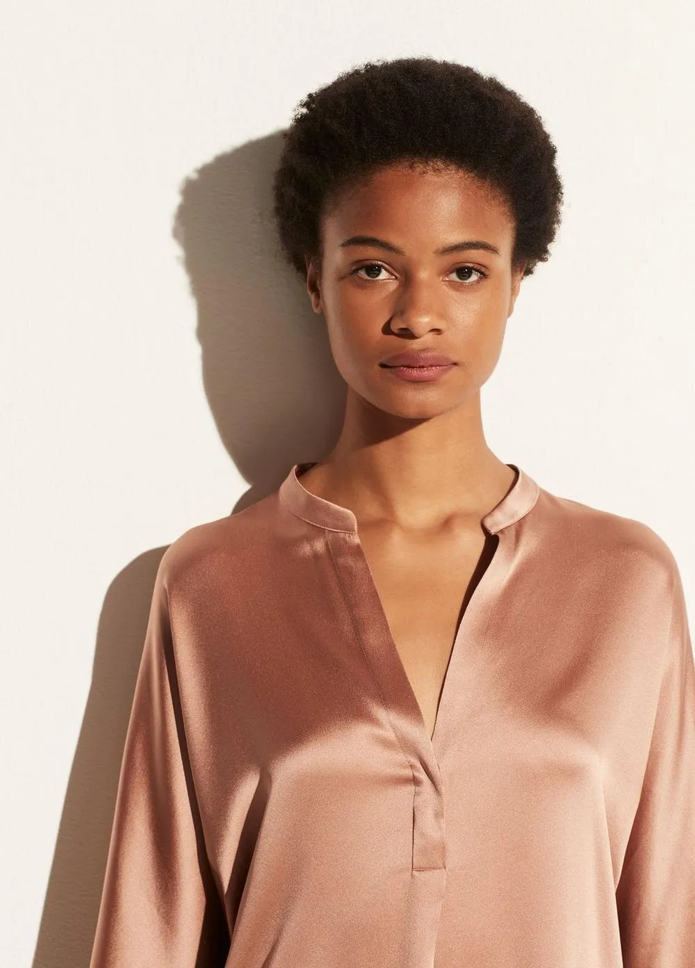 Band Collar Silk Blouse - Blush Cream