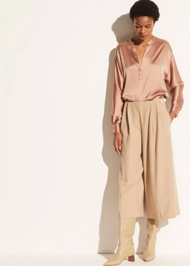 Band Collar Silk Blouse - Blush Cream