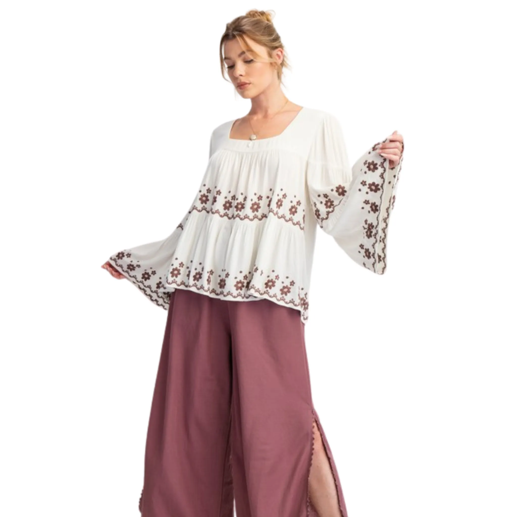 Bell Sleeve Embroidered Tiered Top