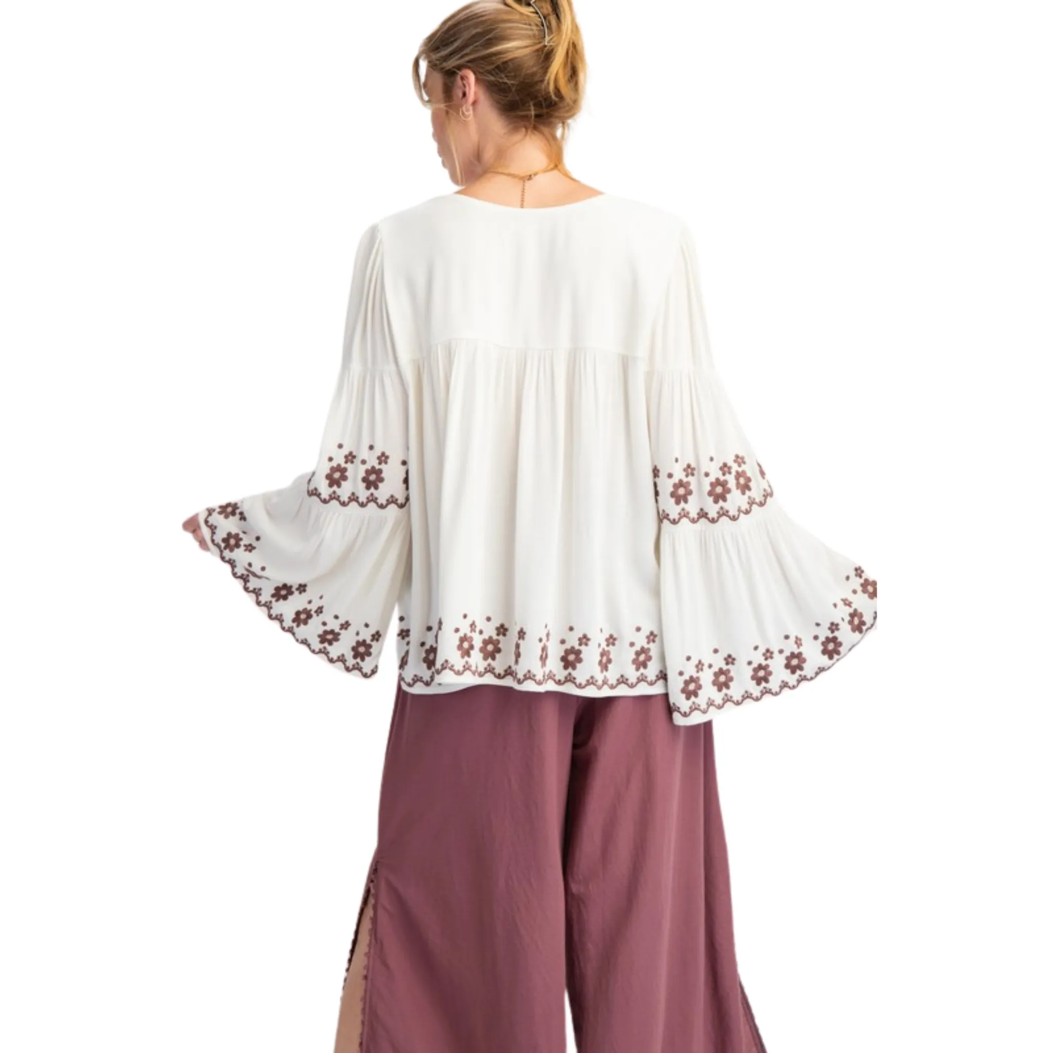 Bell Sleeve Embroidered Tiered Top