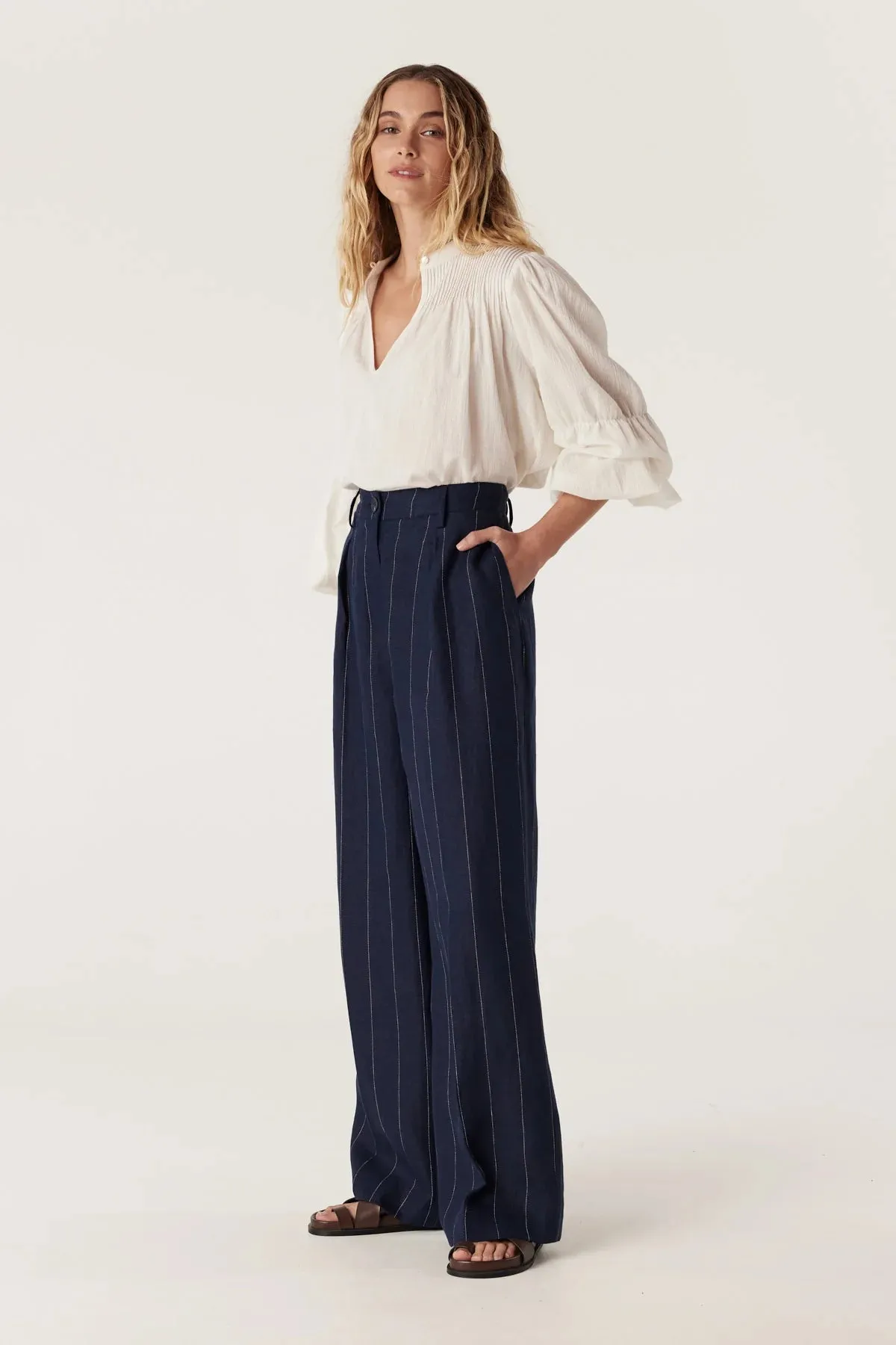 Cable | Freya Linen Pant | Navy Stripe