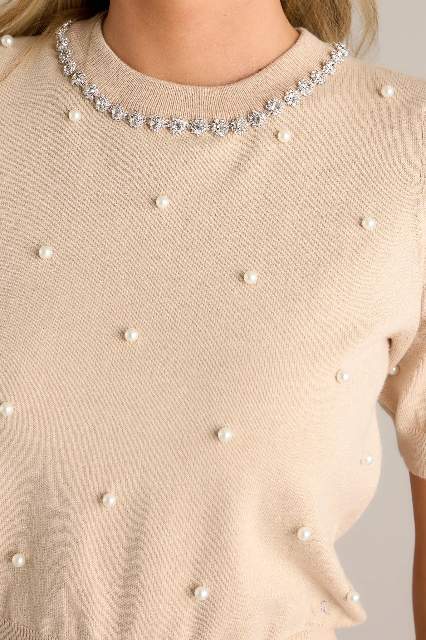 Casual Class Beige Short Sleeve Faux Pearl Top