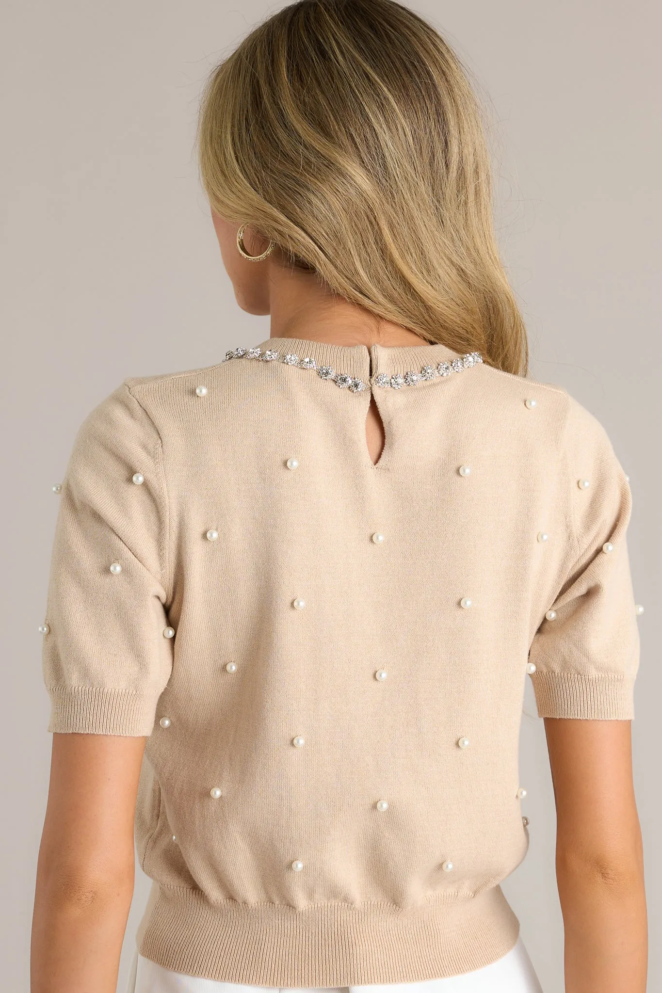 Casual Class Beige Short Sleeve Faux Pearl Top