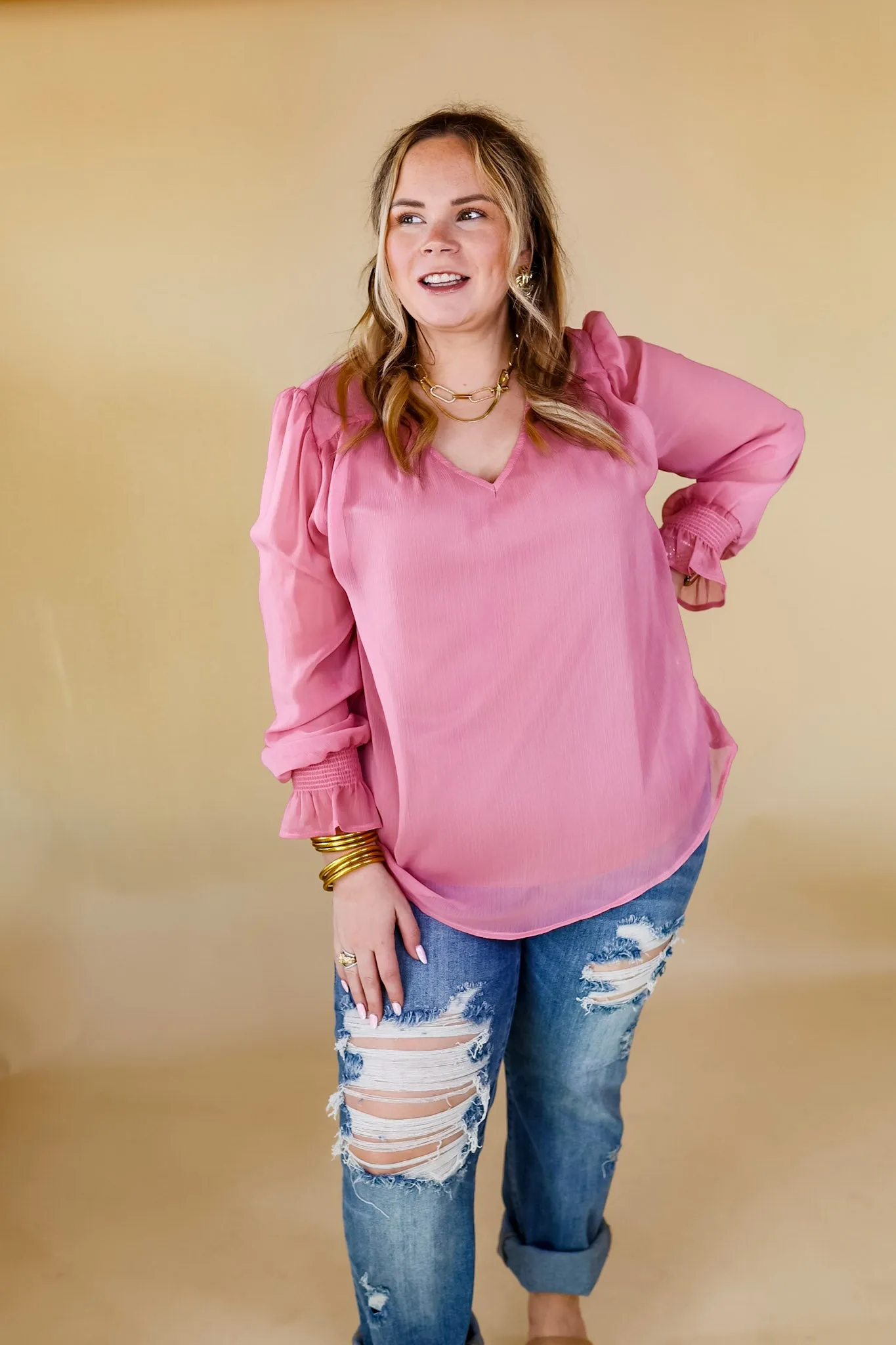 Casually Stunning V Neck Long Sleeve Blouse in Mauve Pink