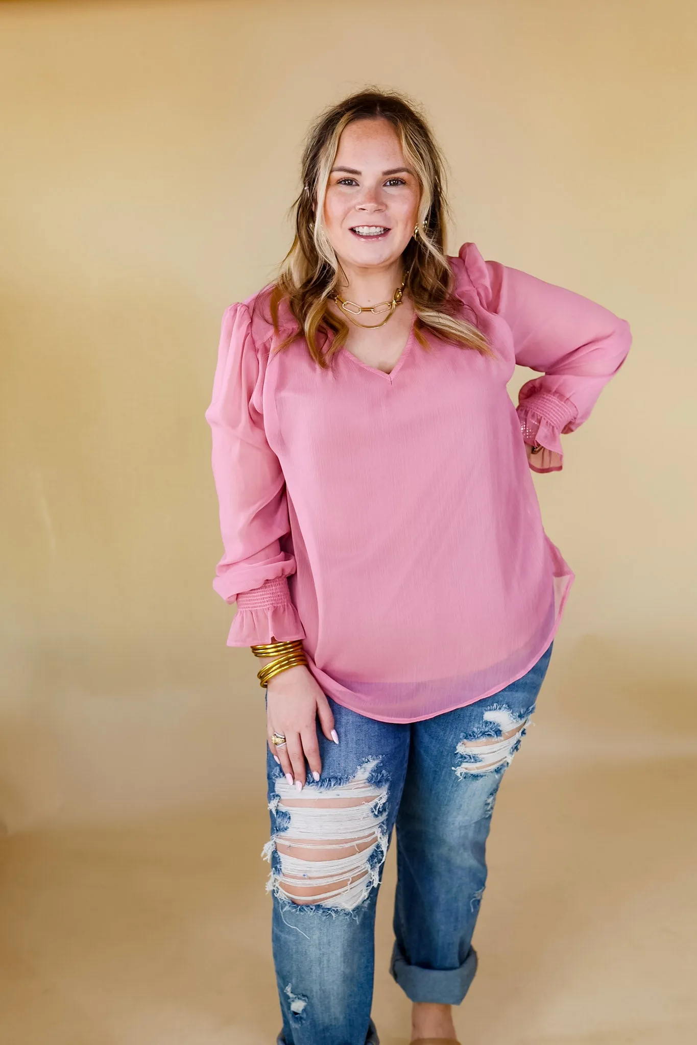 Casually Stunning V Neck Long Sleeve Blouse in Mauve Pink