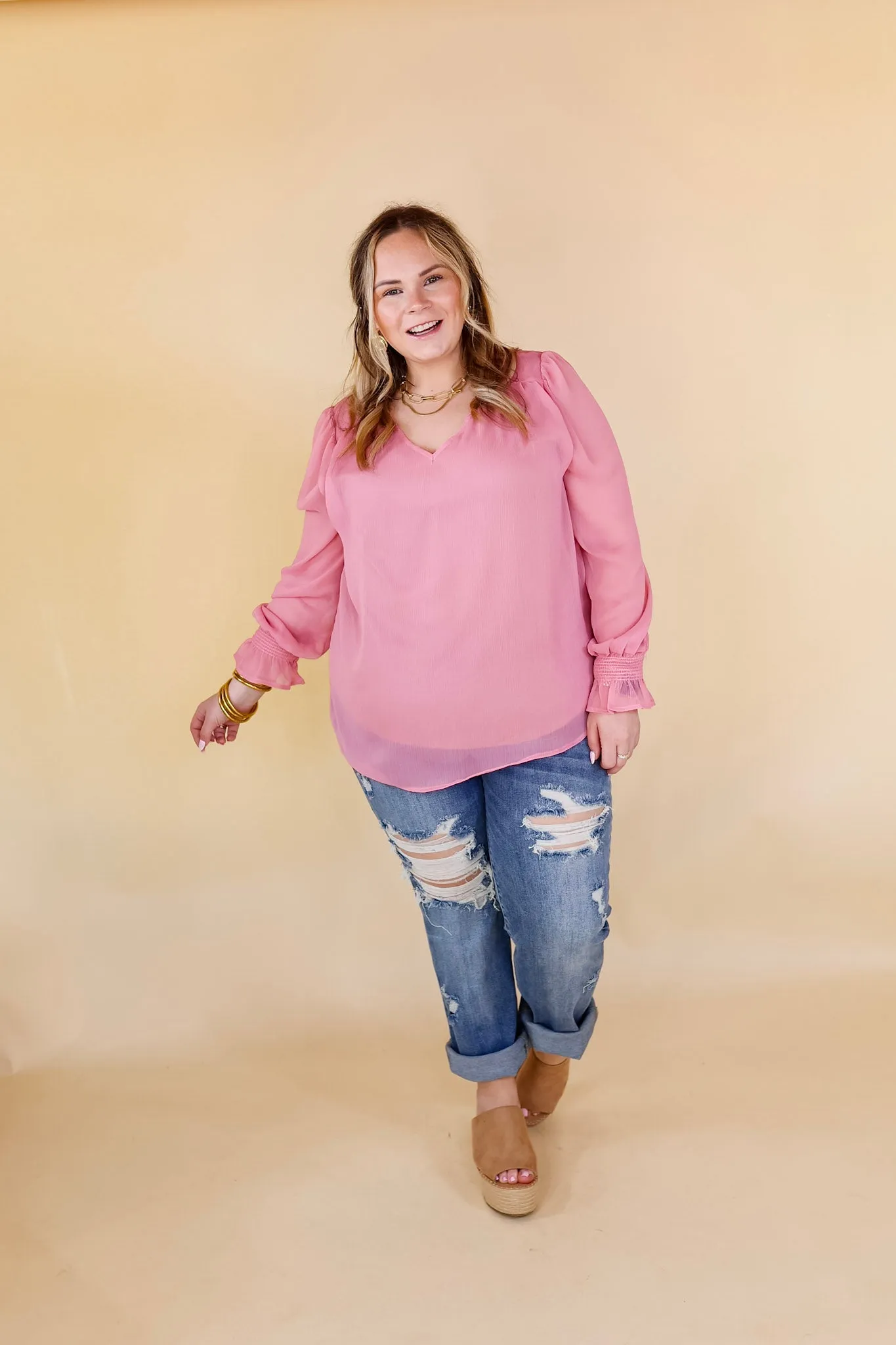 Casually Stunning V Neck Long Sleeve Blouse in Mauve Pink
