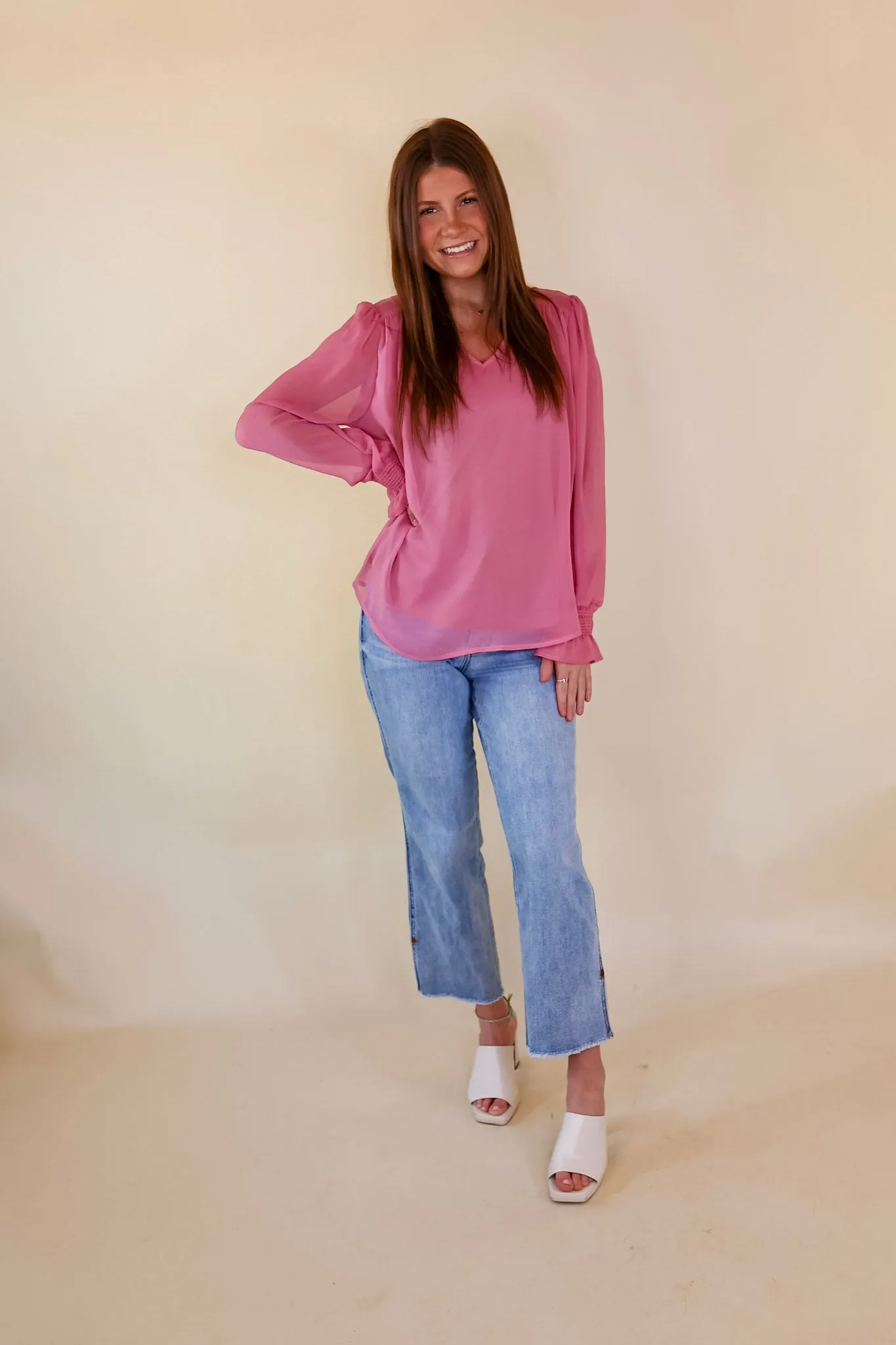 Casually Stunning V Neck Long Sleeve Blouse in Mauve Pink