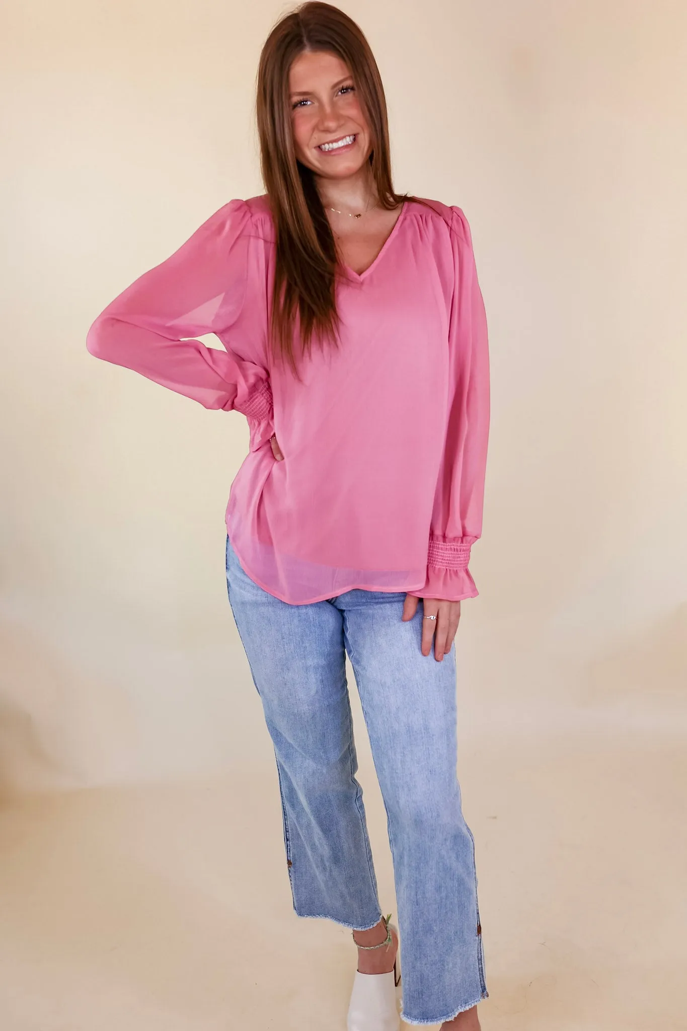 Casually Stunning V Neck Long Sleeve Blouse in Mauve Pink