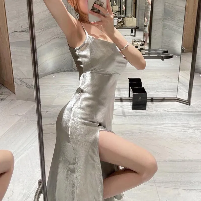 Chic Silver Satin Maxi Dress with High Slit - Elegant Sleeveless Sundress