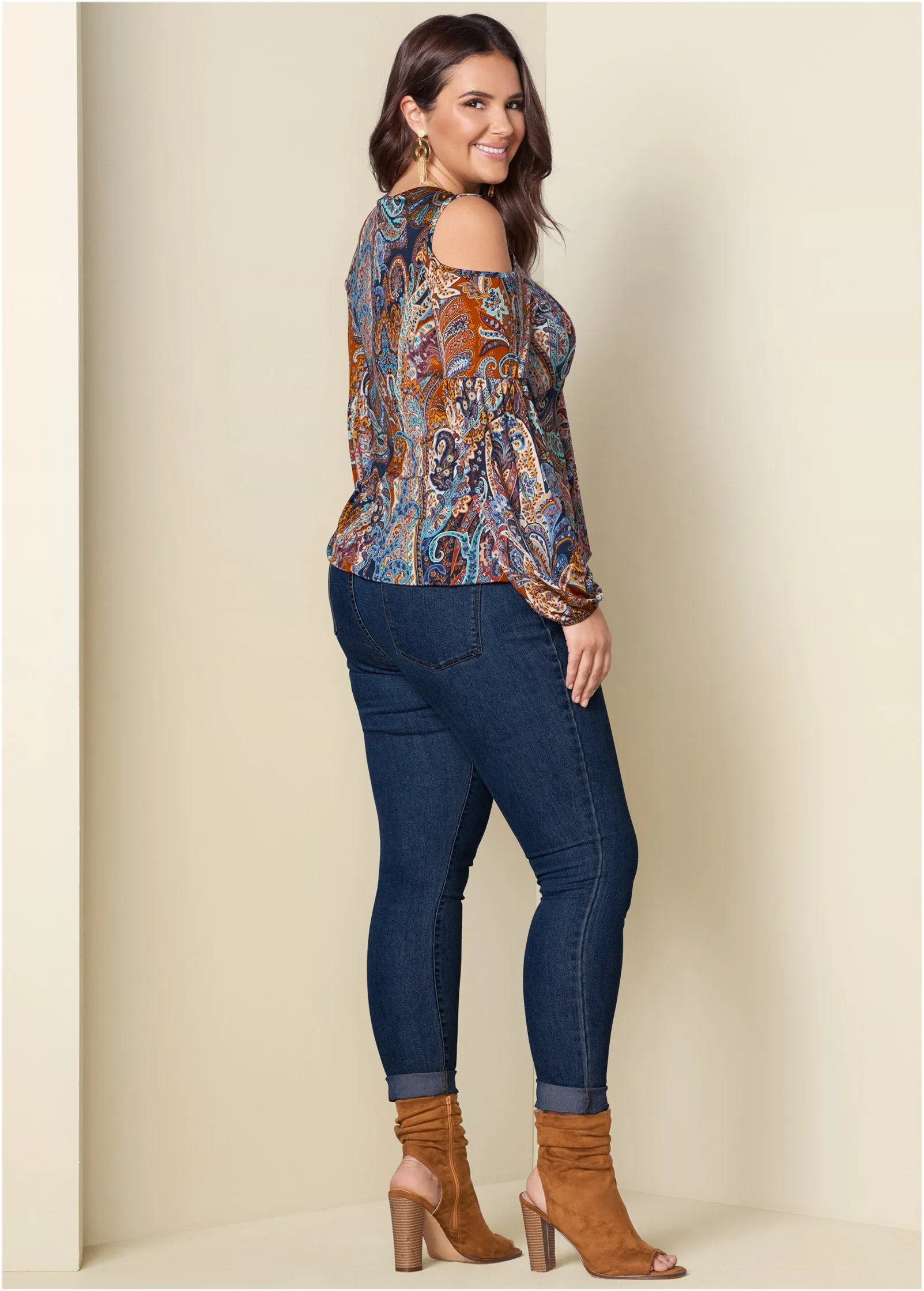 Cold-Shoulder Paisley Top - Orange Multi