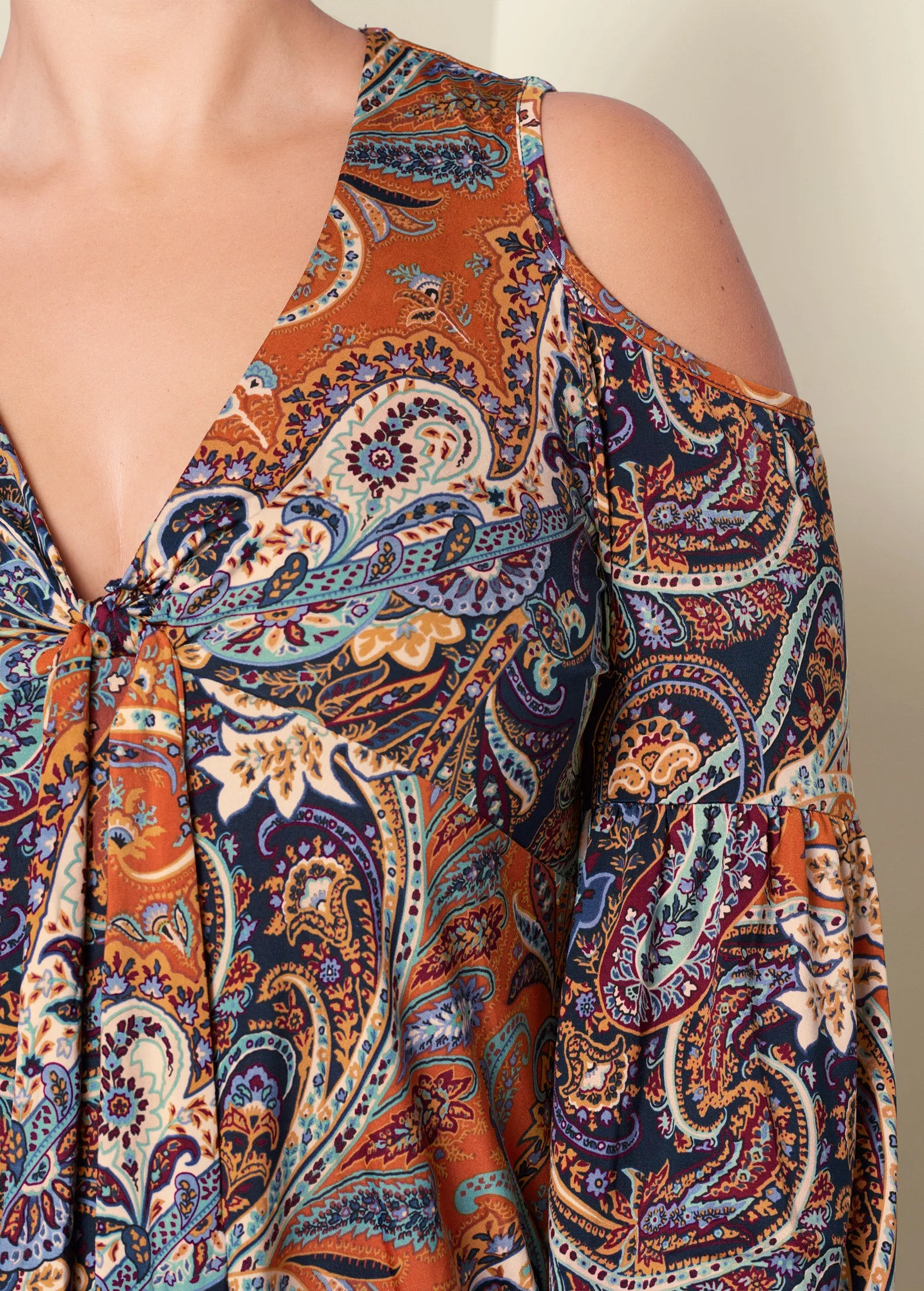 Cold-Shoulder Paisley Top - Orange Multi