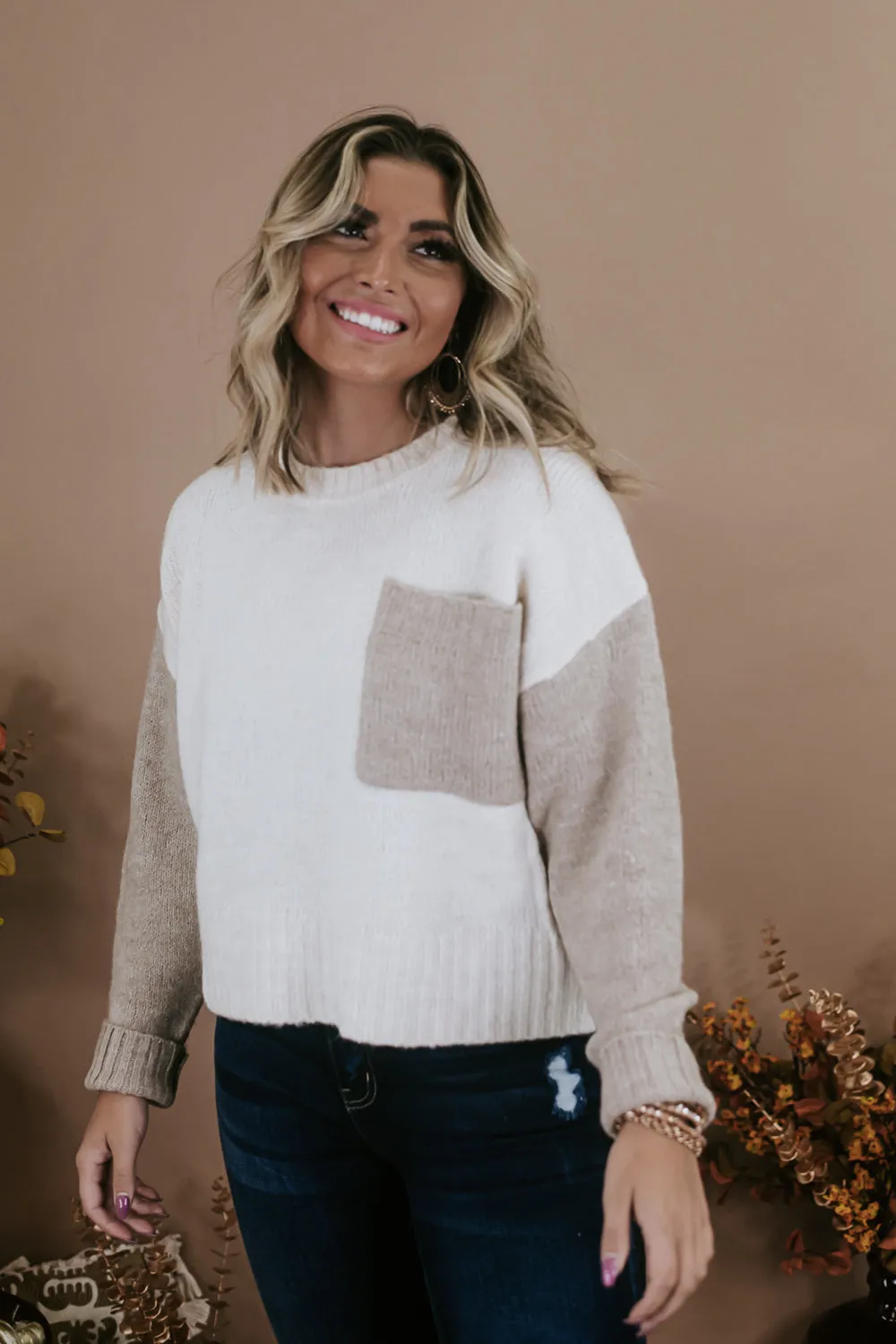 Cropped Pocket Sweater, Taupe