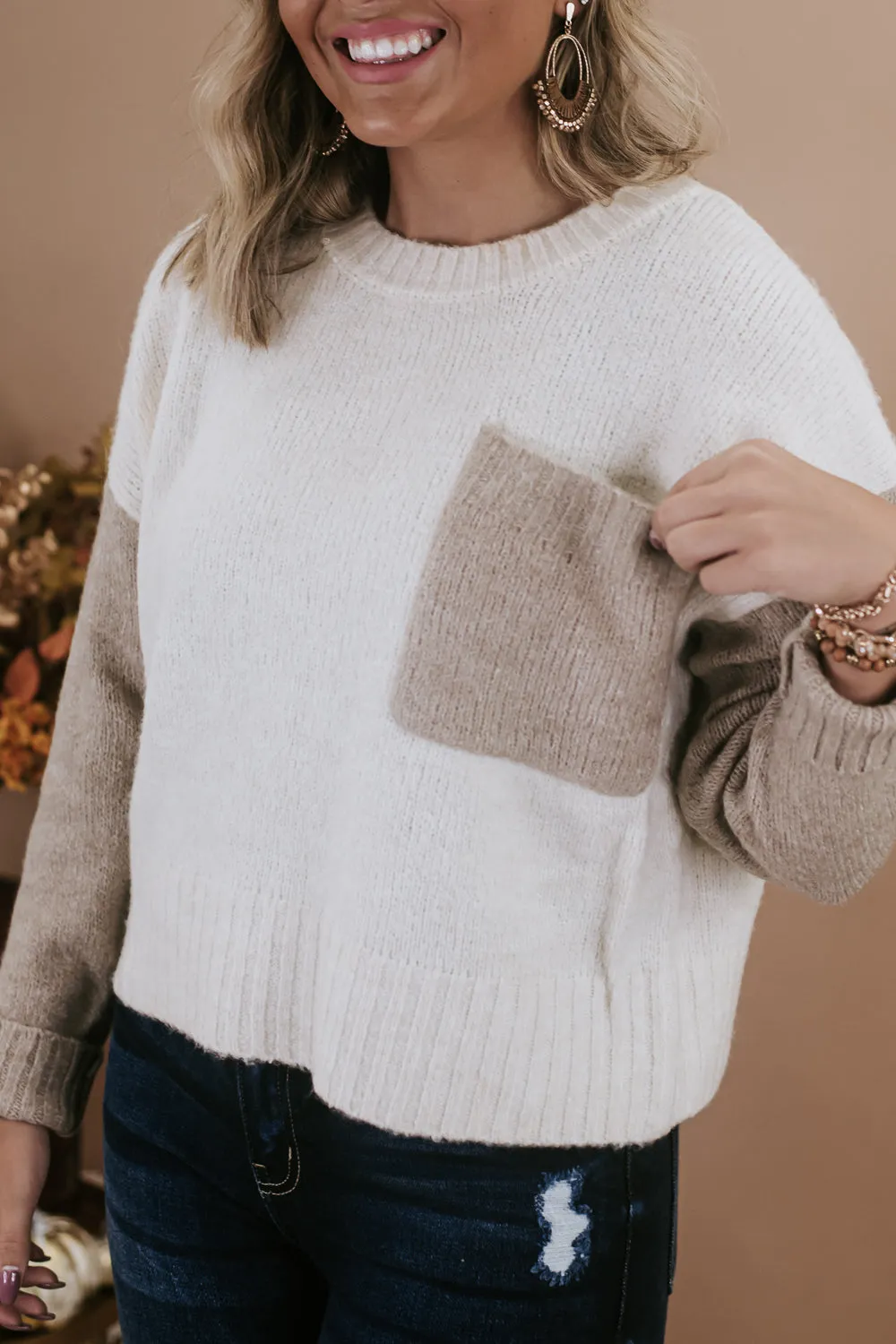 Cropped Pocket Sweater, Taupe