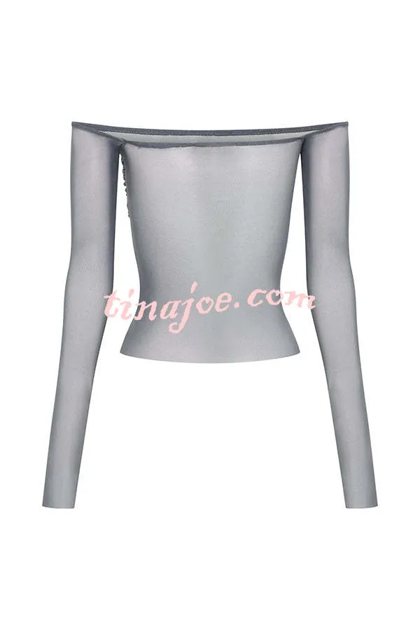 Garcelle Mesh Twist Sequin Bardot Neck Long Sleeve Stretch Top