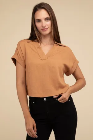 Hyfve Cuffed Sleeve Collared Cropped Linen Top