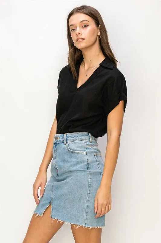 Hyfve Cuffed Sleeve Collared Cropped Linen Top