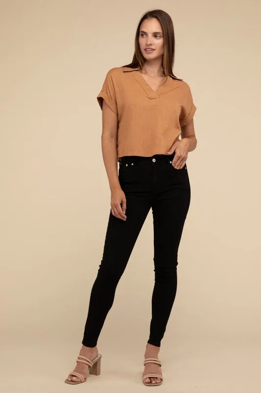 Hyfve Cuffed Sleeve Collared Cropped Linen Top