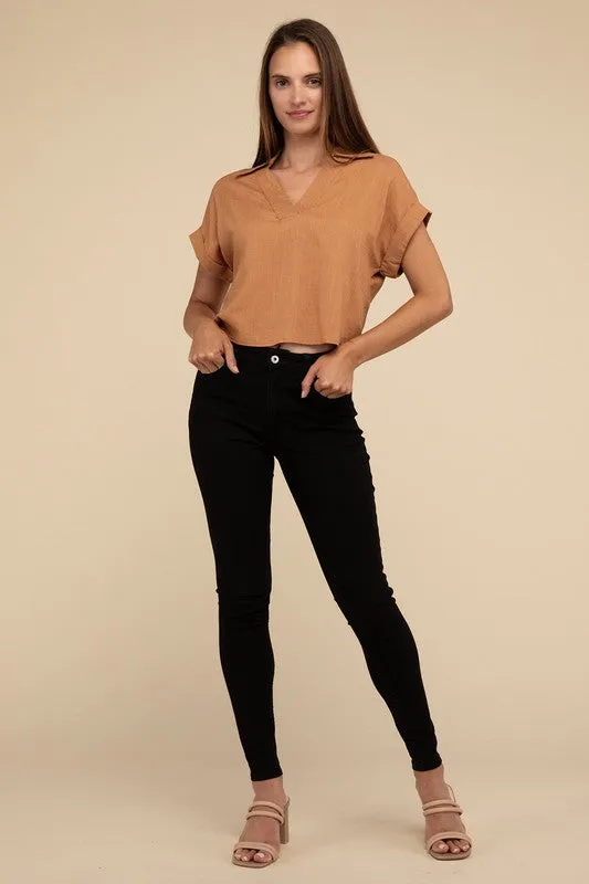 Hyfve Cuffed Sleeve Collared Cropped Linen Top