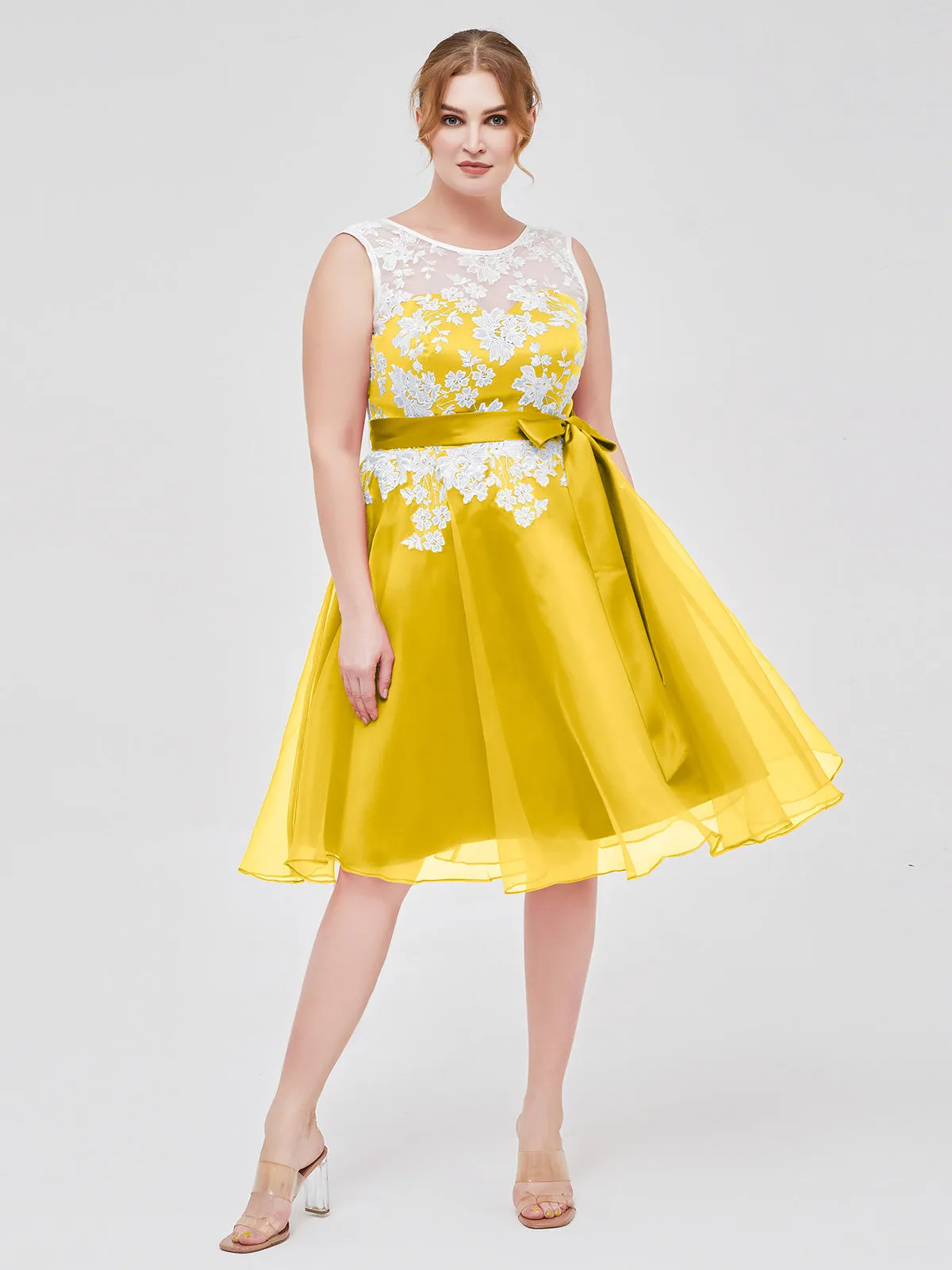 Illusion Neck Organza with Ivory Lace Appliqued Marigold Plus Size