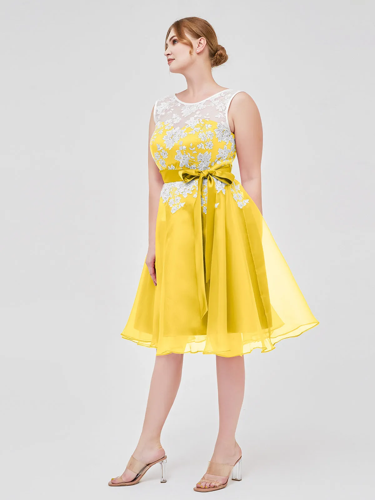 Illusion Neck Organza with Ivory Lace Appliqued Marigold Plus Size