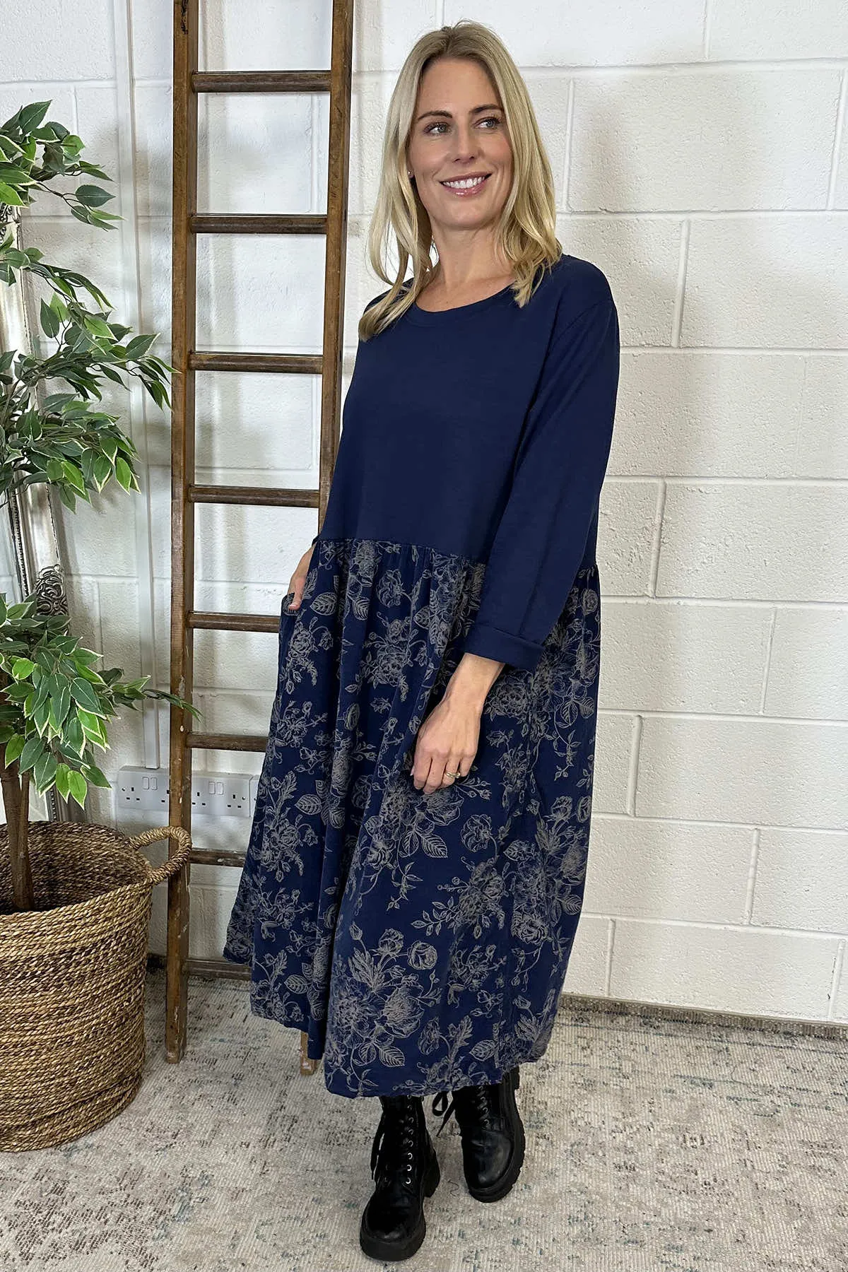 Jillian Print Cotton Dress Navy