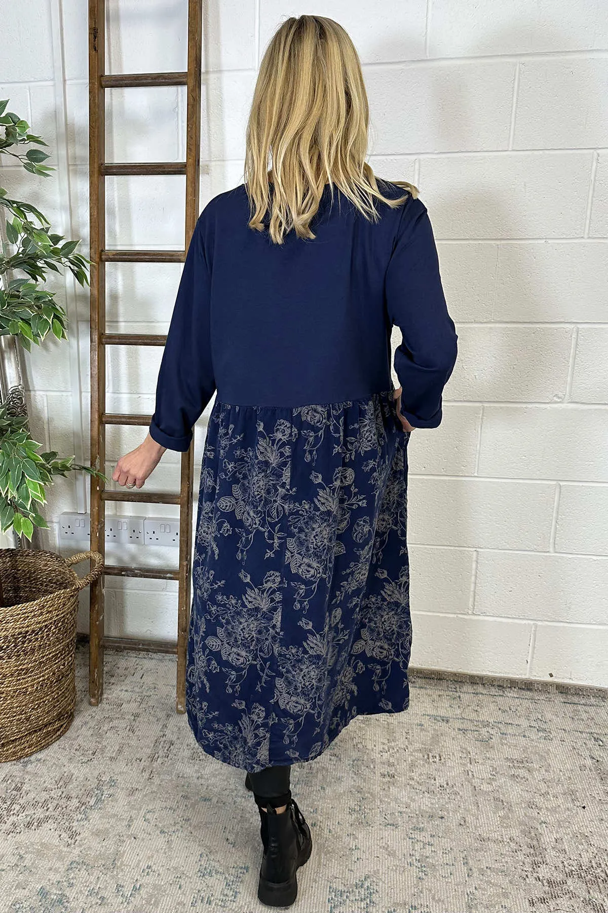 Jillian Print Cotton Dress Navy