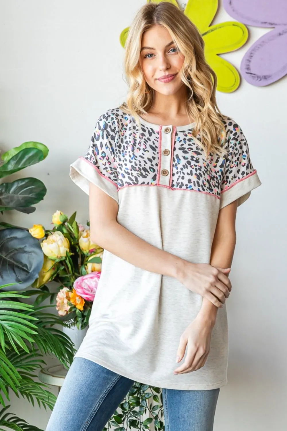 Leilani Full Size Exposed Seam Leopard Short Sleeve T-Shirt