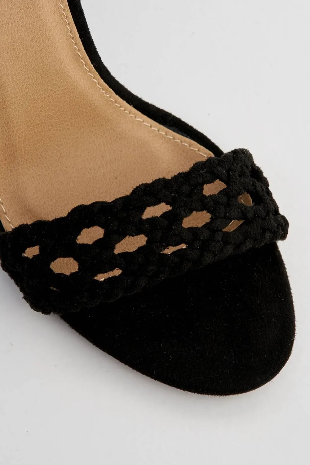Loretta Plaited Band Ankle Strap Heeled Sandals in Black Suede