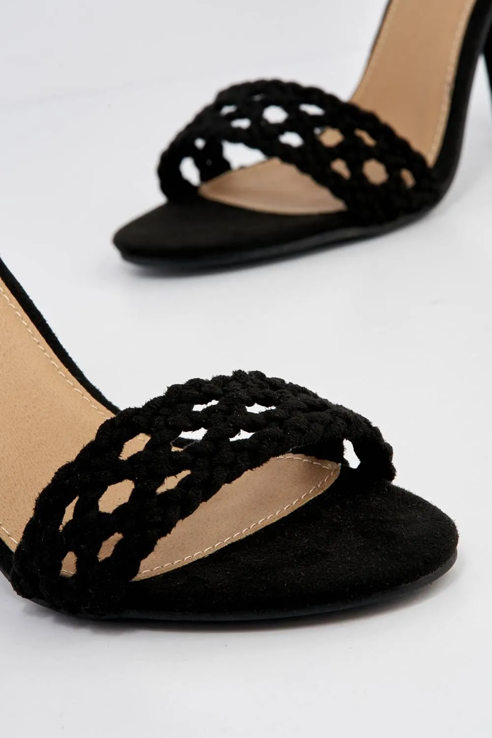 Loretta Plaited Band Ankle Strap Heeled Sandals in Black Suede