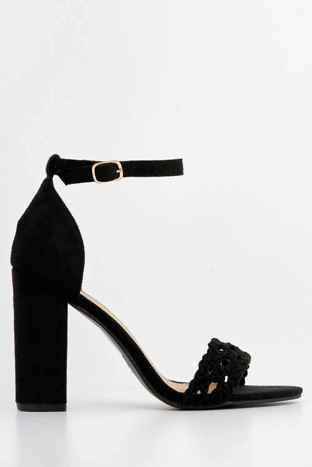 Loretta Plaited Band Ankle Strap Heeled Sandals in Black Suede