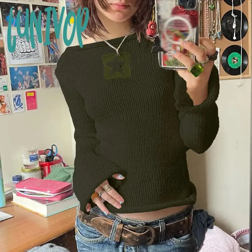 Lunivop Autumn Y2k Star Sweaters Women Casual Hollow Knitted Pullover Top Oversized Grunge Cute Long Sleeve Girl Tees Fairycore Outfits