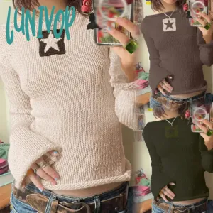 Lunivop Autumn Y2k Star Sweaters Women Casual Hollow Knitted Pullover Top Oversized Grunge Cute Long Sleeve Girl Tees Fairycore Outfits
