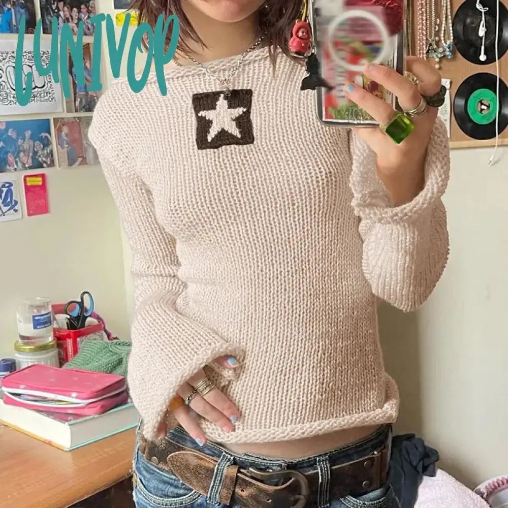Lunivop Autumn Y2k Star Sweaters Women Casual Hollow Knitted Pullover Top Oversized Grunge Cute Long Sleeve Girl Tees Fairycore Outfits
