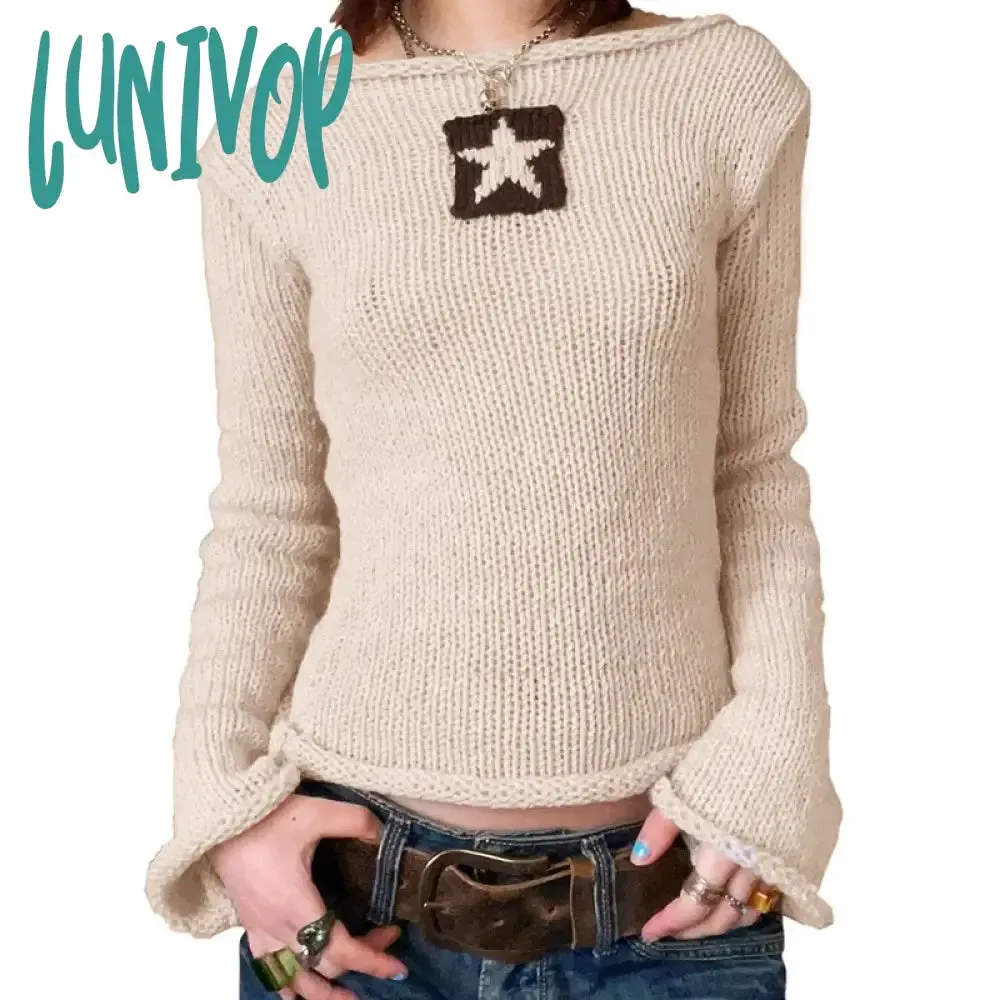 Lunivop Autumn Y2k Star Sweaters Women Casual Hollow Knitted Pullover Top Oversized Grunge Cute Long Sleeve Girl Tees Fairycore Outfits
