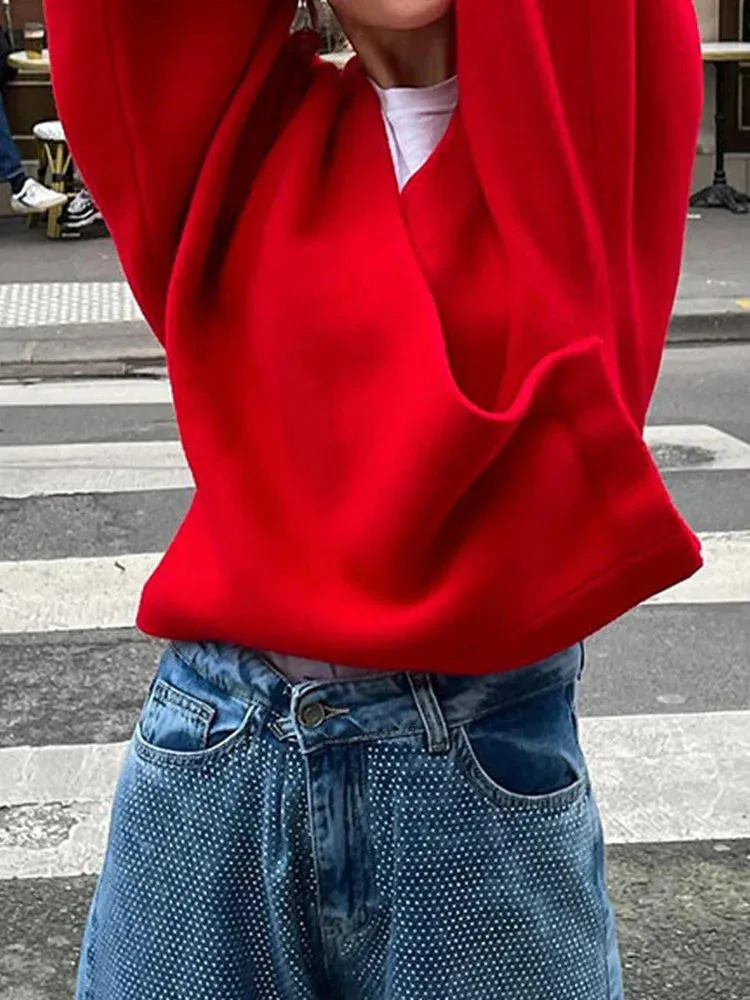 Metaversmall Casual Solid Short Knitting Sweaters For Women V Neck Long Sleeve Minimalist Loose Pullover Sweater Female Fashion Style New