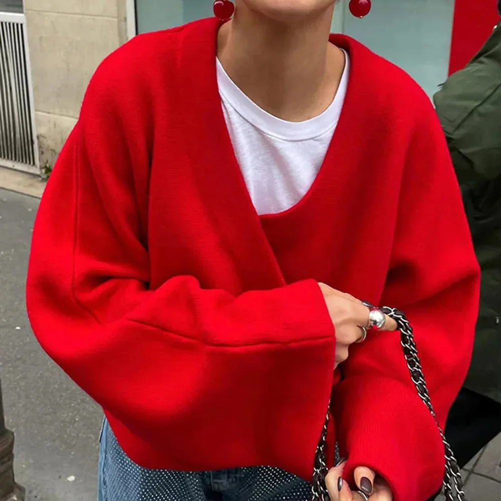 Metaversmall Casual Solid Short Knitting Sweaters For Women V Neck Long Sleeve Minimalist Loose Pullover Sweater Female Fashion Style New