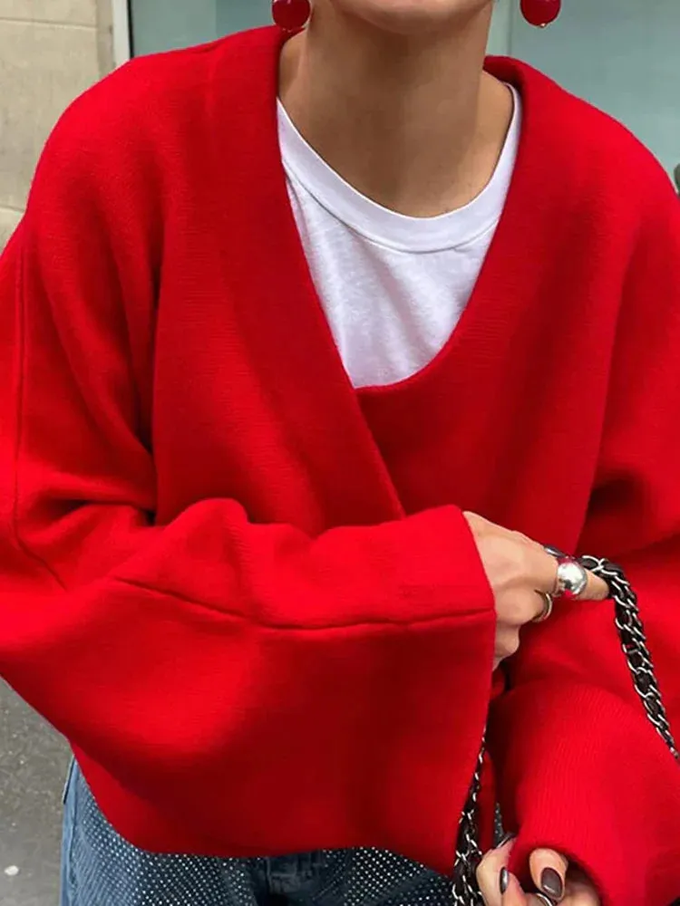 Metaversmall Casual Solid Short Knitting Sweaters For Women V Neck Long Sleeve Minimalist Loose Pullover Sweater Female Fashion Style New