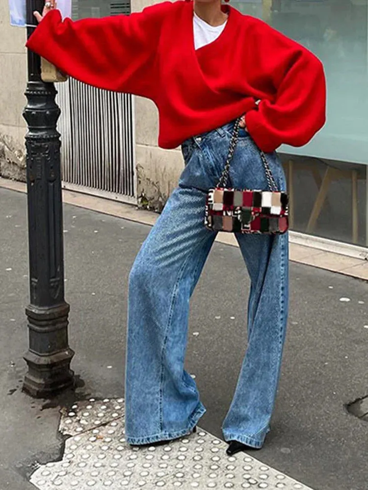 Metaversmall Casual Solid Short Knitting Sweaters For Women V Neck Long Sleeve Minimalist Loose Pullover Sweater Female Fashion Style New