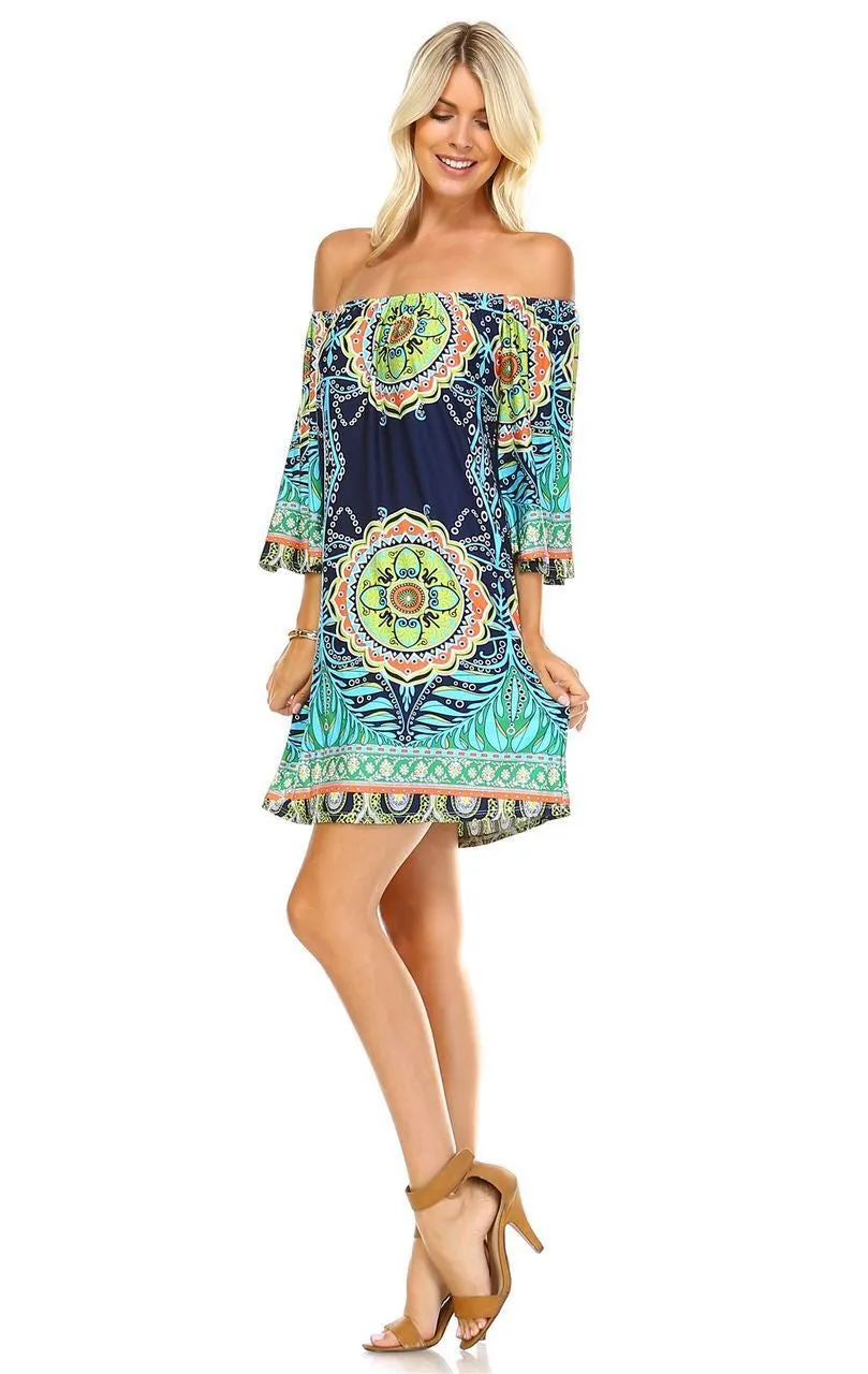 Off Shoulder Tunic Dress Navy Blue Tropical Paisley