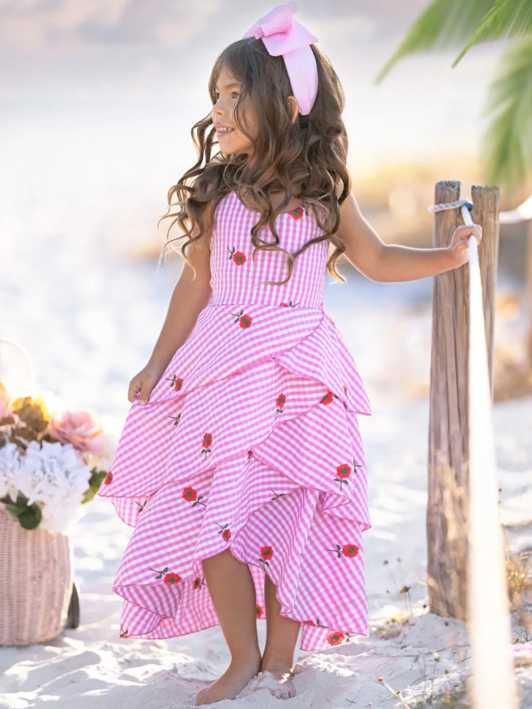 Seaside Bloom Gingham Embroidered Floral Ruffle Dress