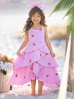 Seaside Bloom Gingham Embroidered Floral Ruffle Dress
