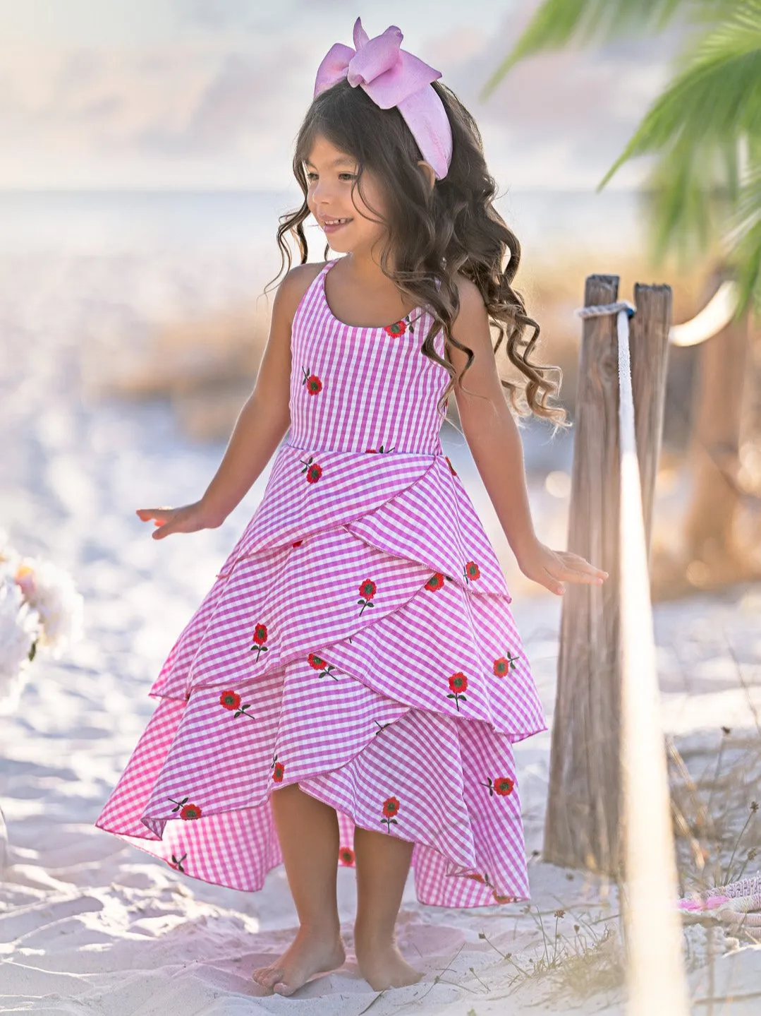 Seaside Bloom Gingham Embroidered Floral Ruffle Dress