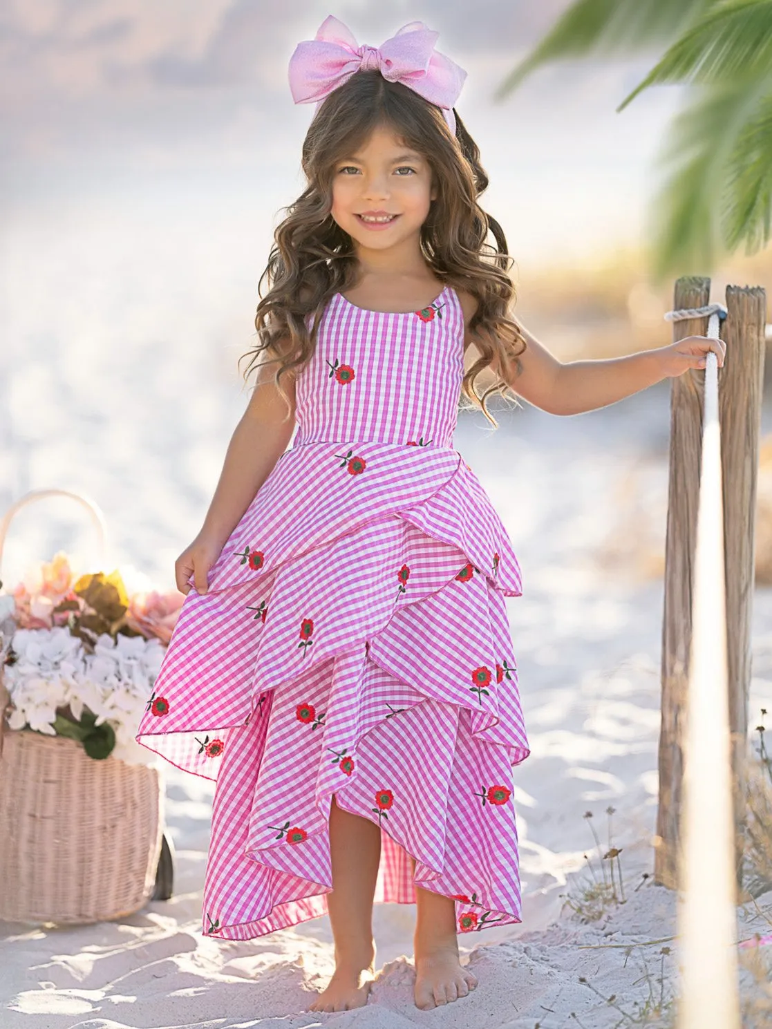 Seaside Bloom Gingham Embroidered Floral Ruffle Dress