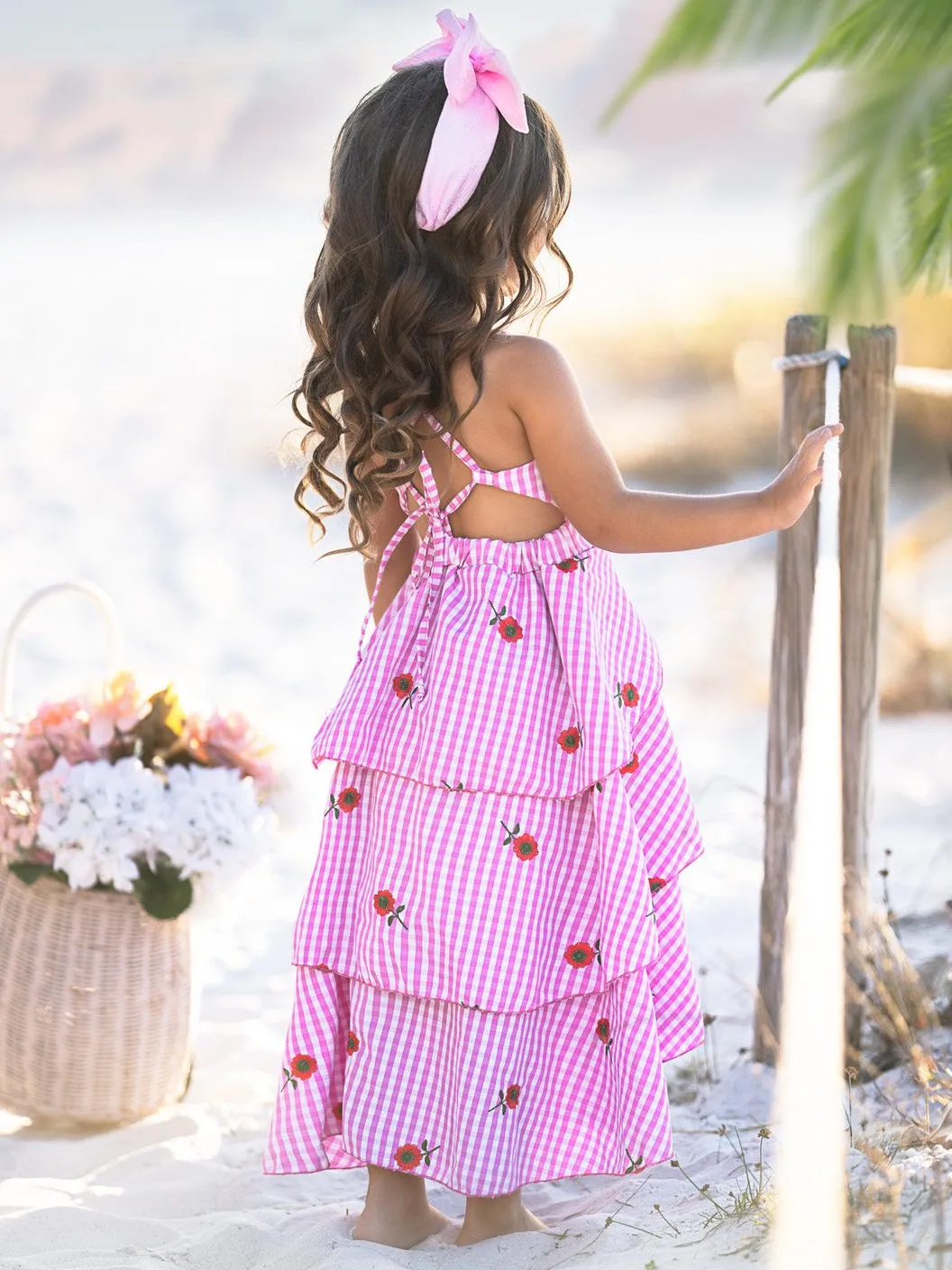 Seaside Bloom Gingham Embroidered Floral Ruffle Dress